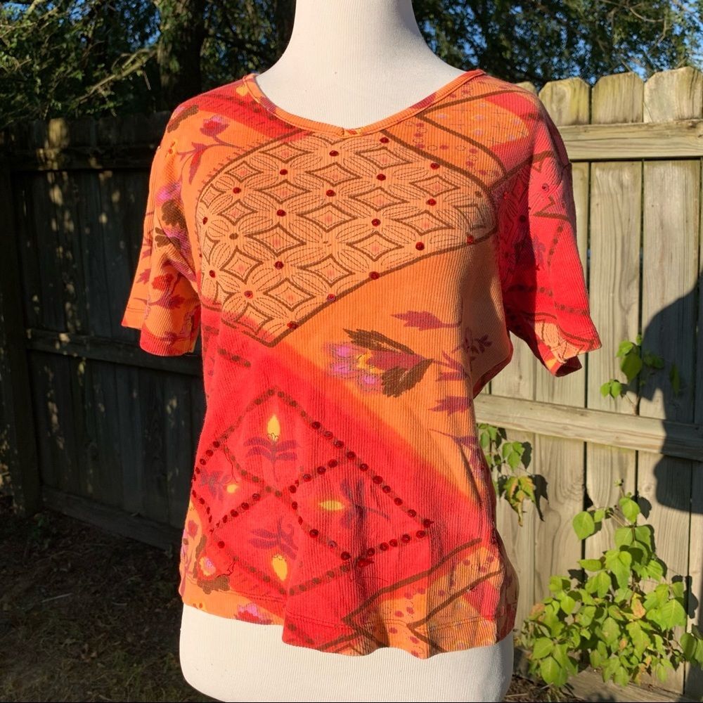 Vintage Colorful Floral Patchwork Ribbed Knit Top Medium? VICTORIA JONES